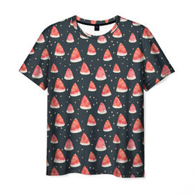Мужская футболка 3D с принтом Tropical melon dark в Курске, 100% полиэфир | прямой крой, круглый вырез горловины, длина до линии бедер | арбуз