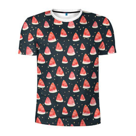 Мужская футболка 3D спортивная с принтом Tropical melon dark в Курске, 100% полиэстер с улучшенными характеристиками | приталенный силуэт, круглая горловина, широкие плечи, сужается к линии бедра | арбуз