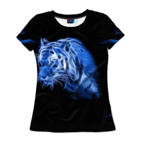 Женская футболка 3D с принтом Синий тигр в Курске, 100% полиэфир ( синтетическое хлопкоподобное полотно) | прямой крой, круглый вырез горловины, длина до линии бедер | tiger | большая кошка | огонь | пламя | тигр | хищник