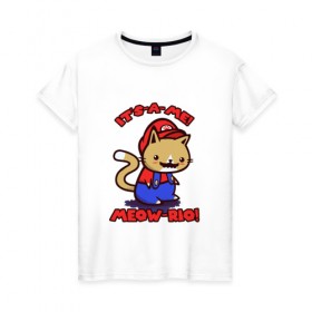 Женская футболка хлопок с принтом It`s-a-me! Meow-rio! в Курске, 100% хлопок | прямой крой, круглый вырез горловины, длина до линии бедер, слегка спущенное плечо | 