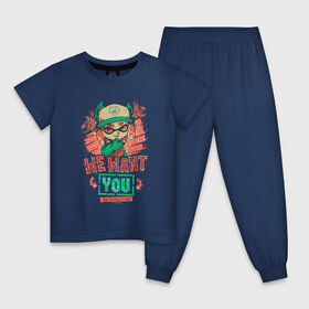 Детская пижама хлопок с принтом Salmon Run в Курске, 100% хлопок |  брюки и футболка прямого кроя, без карманов, на брюках мягкая резинка на поясе и по низу штанин
 | Тематика изображения на принте: grizzco runs | nintendo switch | splatoon 2