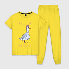 Женская пижама хлопок с принтом GUSSI GANG в Курске, 100% хлопок | брюки и футболка прямого кроя, без карманов, на брюках мягкая резинка на поясе и по низу штанин | 
