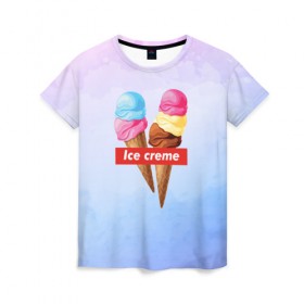Женская футболка 3D с принтом Ice Creme в Курске, 100% полиэфир ( синтетическое хлопкоподобное полотно) | прямой крой, круглый вырез горловины, длина до линии бедер | ice cream | supreme | игра слов | лето | мороженое | рожок | тренд
