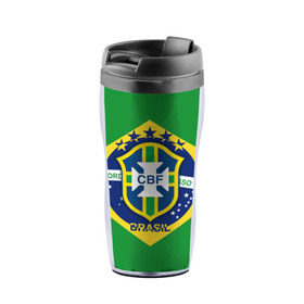 Термокружка-непроливайка с принтом Сборная Бразилии флаг в Курске, внутренняя часть — пищевой пластик, наружная часть — прозрачный пластик, между ними — полиграфическая вставка с рисунком | объем — 350 мл, герметичная крышка | brazil | бразилия