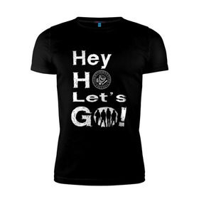 Мужская футболка премиум с принтом Hey ho let`s go! в Курске, 92% хлопок, 8% лайкра | приталенный силуэт, круглый вырез ворота, длина до линии бедра, короткий рукав | группа | панк | рамон | рамонес | рамоунз | рамоунс | рок | хард