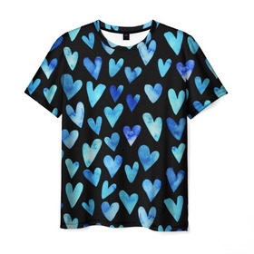 Мужская футболка 3D с принтом Blue Hearts в Курске, 100% полиэфир | прямой крой, круглый вырез горловины, длина до линии бедер | Тематика изображения на принте: акварель | любовь | паттерн | сердечки