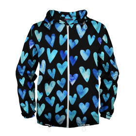 Мужская ветровка 3D с принтом Blue Hearts в Курске, 100% полиэстер | подол и капюшон оформлены резинкой с фиксаторами, два кармана без застежек по бокам, один потайной карман на груди | Тематика изображения на принте: акварель | любовь | паттерн | сердечки