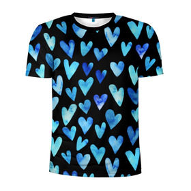 Мужская футболка 3D спортивная с принтом Blue Hearts в Курске, 100% полиэстер с улучшенными характеристиками | приталенный силуэт, круглая горловина, широкие плечи, сужается к линии бедра | Тематика изображения на принте: акварель | любовь | паттерн | сердечки