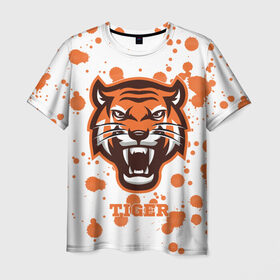 Мужская футболка 3D с принтом Огненный тигр в Курске, 100% полиэфир | прямой крой, круглый вырез горловины, длина до линии бедер | дикий | желтый | зверь | злой | лес | охотник | стая | тигр | узор | хищник | черный | шерсть