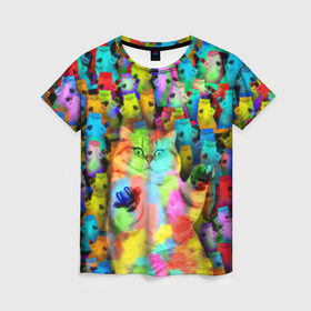Женская футболка 3D с принтом Котики на дискотеке в Курске, 100% полиэфир ( синтетическое хлопкоподобное полотно) | прямой крой, круглый вырез горловины, длина до линии бедер | Тематика изображения на принте: кошки | паттерн | психоделика | разноцветный | яркий