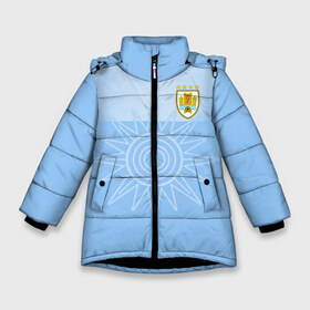 Зимняя куртка для девочек 3D с принтом Уругвай домашняя форма в Курске, ткань верха — 100% полиэстер; подклад — 100% полиэстер, утеплитель — 100% полиэстер. | длина ниже бедра, удлиненная спинка, воротник стойка и отстегивающийся капюшон. Есть боковые карманы с листочкой на кнопках, утяжки по низу изделия и внутренний карман на молнии. 

Предусмотрены светоотражающий принт на спинке, радужный светоотражающий элемент на пуллере молнии и на резинке для утяжки. | домашняя форма | уругвай | уругвай домашняя форма