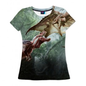 Женская футболка 3D с принтом Monster Hunter в Курске, 100% полиэфир ( синтетическое хлопкоподобное полотно) | прямой крой, круглый вырез горловины, длина до линии бедер | gamer | mhr | monster hunter | динозавр | дракон