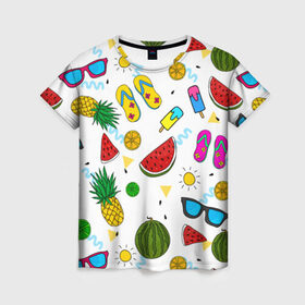 Женская футболка 3D с принтом Летняя в Курске, 100% полиэфир ( синтетическое хлопкоподобное полотно) | прямой крой, круглый вырез горловины, длина до линии бедер | hot | lemon | summer | sun | ананас | арбуз | жара | курорт | лайм | лето | лимон | море | мороженое | отдых | очки | пляж | солнце