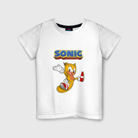 Детская футболка хлопок с принтом Sonic в Курске, 100% хлопок | круглый вырез горловины, полуприлегающий силуэт, длина до линии бедер | Тематика изображения на принте: hedgehog | knuckles | sega | sonic | super | tails | ёжик | ехидна | лисенок | лисица | наклз | сега | соник | супер | суперёжик | тэилз | тэилс