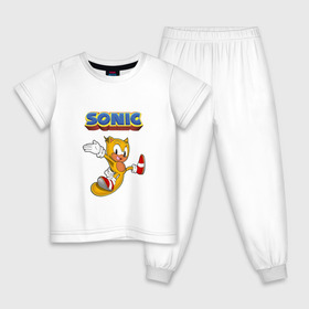 Детская пижама хлопок с принтом Sonic в Курске, 100% хлопок |  брюки и футболка прямого кроя, без карманов, на брюках мягкая резинка на поясе и по низу штанин
 | Тематика изображения на принте: hedgehog | knuckles | sega | sonic | super | tails | ёжик | ехидна | лисенок | лисица | наклз | сега | соник | супер | суперёжик | тэилз | тэилс