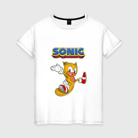 Женская футболка хлопок с принтом Sonic в Курске, 100% хлопок | прямой крой, круглый вырез горловины, длина до линии бедер, слегка спущенное плечо | hedgehog | knuckles | sega | sonic | super | tails | ёжик | ехидна | лисенок | лисица | наклз | сега | соник | супер | суперёжик | тэилз | тэилс