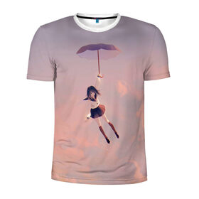 Мужская футболка 3D спортивная с принтом Девушка с зонтом в Курске, 100% полиэстер с улучшенными характеристиками | приталенный силуэт, круглая горловина, широкие плечи, сужается к линии бедра | Тематика изображения на принте: anime | girl | japan | umbrella | аниме | девушка | зонт | япония