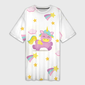 Платье-футболка 3D с принтом Розовый единорог в Курске,  |  | Тематика изображения на принте: единорог | звезда | легенда | лошадь | милые | миф | радуга | рог | символ | сказка | существо | яркие
