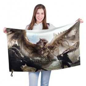 Флаг 3D с принтом Monster Hunter: World в Курске, 100% полиэстер | плотность ткани — 95 г/м2, размер — 67 х 109 см. Принт наносится с одной стороны | 