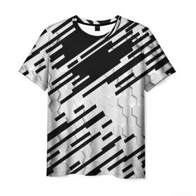 Мужская футболка 3D с принтом HEXAGON - Black and White в Курске, 100% полиэфир | прямой крой, круглый вырез горловины, длина до линии бедер | 