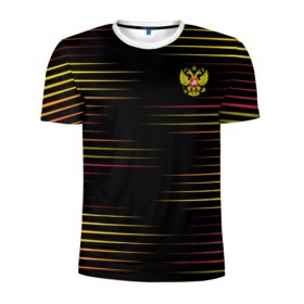 Мужская футболка 3D спортивная с принтом RUSSIA - Multi-colored stripes в Курске, 100% полиэстер с улучшенными характеристиками | приталенный силуэт, круглая горловина, широкие плечи, сужается к линии бедра | Тематика изображения на принте: 