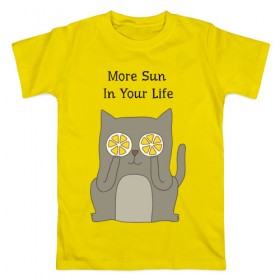 Мужская футболка хлопок с принтом More Sun In Your Life в Курске, 100% хлопок | прямой крой, круглый вырез горловины, длина до линии бедер, слегка спущенное плечо. | Тематика изображения на принте: cat | lemon | summer | кот | котэ | кошка | лето | лимон | солнце | сочный