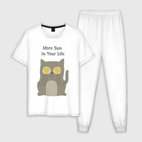 Мужская пижама хлопок с принтом More Sun In Your Life в Курске, 100% хлопок | брюки и футболка прямого кроя, без карманов, на брюках мягкая резинка на поясе и по низу штанин
 | Тематика изображения на принте: cat | lemon | summer | кот | котэ | кошка | лето | лимон | солнце | сочный