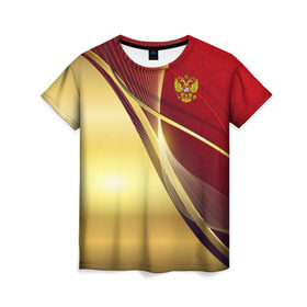 Женская футболка 3D с принтом RUSSIA SPORT: Red and Gold в Курске, 100% полиэфир ( синтетическое хлопкоподобное полотно) | прямой крой, круглый вырез горловины, длина до линии бедер | abstract | design | geometry | hexagon | red and black | russia | sport | texture | абстракция | геометрия | герб | дизайн | патриот | патриотизм | россия | русский | соты | спорт | текстура | шестиугольники