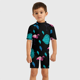 Детский купальный костюм 3D с принтом Узор из фламинго в Курске, Полиэстер 85%, Спандекс 15% | застежка на молнии на спине | африка | крылья | мода | прикольные | природа | птица | розовый | фламинго | цвет | яркие