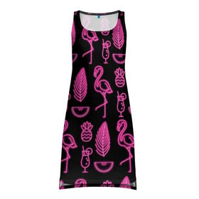 Платье-майка 3D с принтом Светящийся фламинго в Курске, 100% полиэстер | полуприлегающий силуэт, широкие бретели, круглый вырез горловины, удлиненный подол сзади. | африка | крылья | мода | прикольные | природа | птица | розовый | фламинго | цвет | яркие