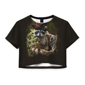 Женская футболка 3D укороченная с принтом Енот и сова в Курске, 100% полиэстер | круглая горловина, длина футболки до линии талии, рукава с отворотами | дерево | енот | животные | лес | птицы | сова | шляпа