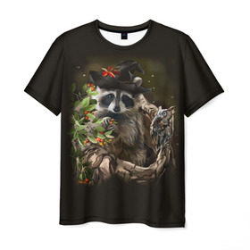 Мужская футболка 3D с принтом Енот и сова в Курске, 100% полиэфир | прямой крой, круглый вырез горловины, длина до линии бедер | дерево | енот | животные | лес | птицы | сова | шляпа