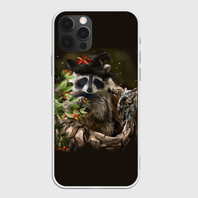 Чехол для iPhone 12 Pro с принтом Енот и сова в Курске, силикон | область печати: задняя сторона чехла, без боковых панелей | Тематика изображения на принте: дерево | енот | животные | лес | птицы | сова | шляпа