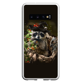 Чехол для Samsung Galaxy S10 с принтом Енот и сова в Курске, Силикон | Область печати: задняя сторона чехла, без боковых панелей | Тематика изображения на принте: дерево | енот | животные | лес | птицы | сова | шляпа