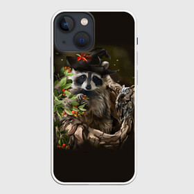 Чехол для iPhone 13 mini с принтом Енот и сова в Курске,  |  | Тематика изображения на принте: дерево | енот | животные | лес | птицы | сова | шляпа