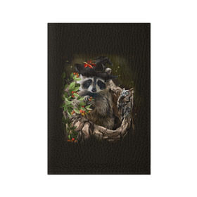Обложка для паспорта матовая кожа с принтом Енот и сова в Курске, натуральная матовая кожа | размер 19,3 х 13,7 см; прозрачные пластиковые крепления | Тематика изображения на принте: дерево | енот | животные | лес | птицы | сова | шляпа