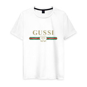 Мужская футболка хлопок с принтом Gussi в Курске, 100% хлопок | прямой крой, круглый вырез горловины, длина до линии бедер, слегка спущенное плечо. | ga ga ga | gang | gucci | guchi | guci | gusi | gussi | га га га | гуси | гусси | гучи | гуччи | модный гусь