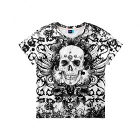 Детская футболка 3D с принтом Grunge Skull в Курске, 100% гипоаллергенный полиэфир | прямой крой, круглый вырез горловины, длина до линии бедер, чуть спущенное плечо, ткань немного тянется | Тематика изображения на принте: abstract | skull | абстракция | рисунок | узор | череп