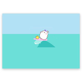 Поздравительная открытка с принтом Molang Серфинг в Курске, 100% бумага | плотность бумаги 280 г/м2, матовая, на обратной стороне линовка и место для марки
 | kawaii | аниме | волна | зайчик | зая | заяц | каваи | мимими | моланг | море | птенец | птенчик | серфер