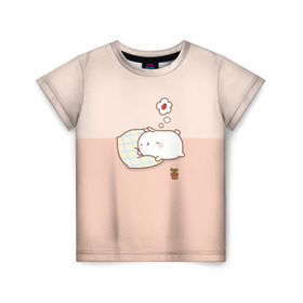 Детская футболка 3D с принтом Molang Сладкий Сон в Курске, 100% гипоаллергенный полиэфир | прямой крой, круглый вырез горловины, длина до линии бедер, чуть спущенное плечо, ткань немного тянется | kawaii | аниме | зайчик | зая | заяц | каваи | клубника | мимими | моланг | розовый | сон