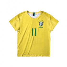 Детская футболка 3D с принтом Coutinho home WC 2018 в Курске, 100% гипоаллергенный полиэфир | прямой крой, круглый вырез горловины, длина до линии бедер, чуть спущенное плечо, ткань немного тянется | brazil | coutinho | cup champions | league | world | бразилия | коутиньо