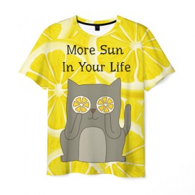 Мужская футболка 3D с принтом More Sun In Your Life в Курске, 100% полиэфир | прямой крой, круглый вырез горловины, длина до линии бедер | Тематика изображения на принте: cat | kitty | lemon | lemonade | limon | pussycat | summer | жара | желтый | кот | котенок | котики | котэ | кошка | лемон | лемонад | лето | лимон | лимонад | позитив | серый | сок | солнце | сочный | фрукт | цитрус | черный | яркий