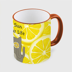 Кружка 3D с принтом More Sun In Your Life в Курске, керамика | ёмкость 330 мл | cat | kitty | lemon | lemonade | limon | pussycat | summer | жара | желтый | кот | котенок | котики | котэ | кошка | лемон | лемонад | лето | лимон | лимонад | позитив | серый | сок | солнце | сочный | фрукт | цитрус | черный | яркий