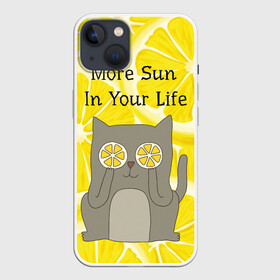 Чехол для iPhone 13 с принтом More Sun In Your Life в Курске,  |  | Тематика изображения на принте: cat | kitty | lemon | lemonade | limon | pussycat | summer | жара | желтый | кот | котенок | котики | котэ | кошка | лемон | лемонад | лето | лимон | лимонад | позитив | серый | сок | солнце | сочный | фрукт | цитрус | черный | яркий