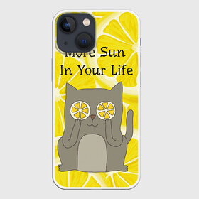 Чехол для iPhone 13 mini с принтом More Sun In Your Life в Курске,  |  | cat | kitty | lemon | lemonade | limon | pussycat | summer | жара | желтый | кот | котенок | котики | котэ | кошка | лемон | лемонад | лето | лимон | лимонад | позитив | серый | сок | солнце | сочный | фрукт | цитрус | черный | яркий