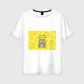 Женская футболка хлопок Oversize с принтом More Sun In Your Life в Курске, 100% хлопок | свободный крой, круглый ворот, спущенный рукав, длина до линии бедер
 | cat | kitty | lemon | lemonade | limon | pussycat | summer | жара | желтый | кот | котенок | котики | котэ | кошка | лемон | лемонад | лето | лимон | лимонад | позитив | серый | сок | солнце | сочный | фрукт | цитрус | черный | яркий