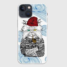Чехол для iPhone 13 mini с принтом Кот Моряк в Курске,  |  | cat | бежевый | бирюзовый | глаза | желтый | коричневый | кот | котенок | котики | котэ | кошка | красный | матрос | матроска | матроскин | пират | полосатый | полоски | трубка | хипстер | черный | шапка
