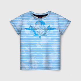 Детская футболка 3D с принтом ВДВ в Курске, 100% гипоаллергенный полиэфир | прямой крой, круглый вырез горловины, длина до линии бедер, чуть спущенное плечо, ткань немного тянется | вдв | голубая | никто кроме нас | парашют | полоски | самолеты | тельняшка
