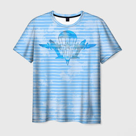 Мужская футболка 3D с принтом ВДВ в Курске, 100% полиэфир | прямой крой, круглый вырез горловины, длина до линии бедер | Тематика изображения на принте: вдв | голубая | никто кроме нас | парашют | полоски | самолеты | тельняшка