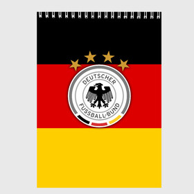 Скетчбук с принтом Сборная Германии флаг в Курске, 100% бумага
 | 48 листов, плотность листов — 100 г/м2, плотность картонной обложки — 250 г/м2. Листы скреплены сверху удобной пружинной спиралью | Тематика изображения на принте: германия | европы | мира | чемпионат | чм